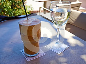 A glass of  ice coffee Cafe Frape typical Greek summer dring photo