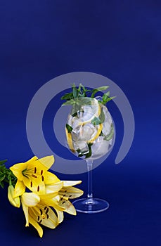 Glass with ice, cold water and lemon on blue cobalt background with fresh yellow lilies
