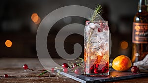 Glass of Ice and Cranberries With Booze Bottle photo