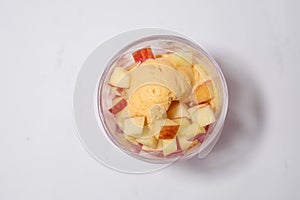 A glass of ice-cream faluda. Top view. Side view. Font view