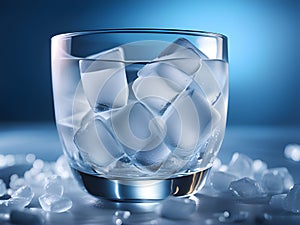 glass with ice cubes and fresh water on color background