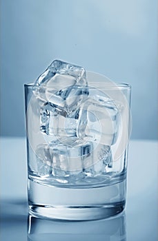 Glass with ice cubes toning photo blue studio shot