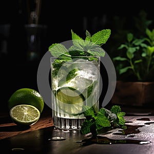 a glass with ice and limes on a table