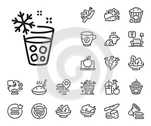 Glass with ice line icon. Ice maker sign. Crepe, sweet popcorn and salad. Vector