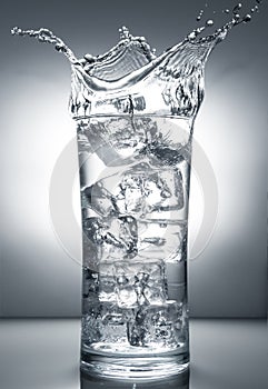 Glass with ice and liquid splash