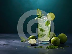 a glass of ice and mint with limes