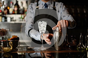 Glass of ice, various bottles of alcoholic drinks and shaker stand at bar.