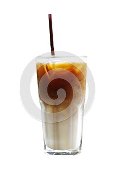 Glass of iced coffee latte with straw isolated on white background, clipping path included