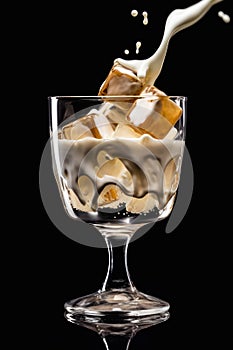 Glass of iced coffee with pouring milk on black background.