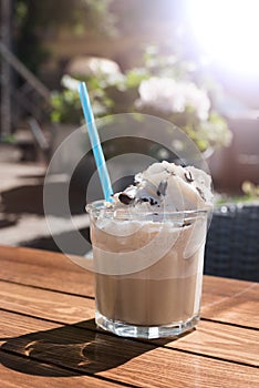 Glass of Iced coffee. selective focus with the ice