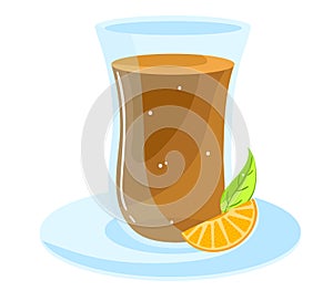 Glass of iced tea with lemon slice and mint leaf on saucer. Refreshing cold beverage drink. Summer refreshment and cool