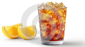 A glass of iced tea with lemon wedges on a white background