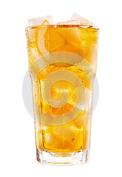 Glass of iced tea with lemon on white background