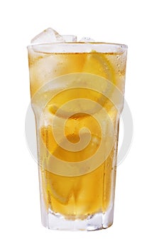 glass of iced tea with lemon on white background