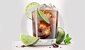 a glass of iced tea with limes and mints