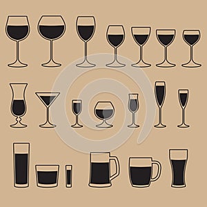 Glass icon set. Stemware for a different drinks.  Beer glass, Wine glass and Cups isolated icons collection. Vector illustration.