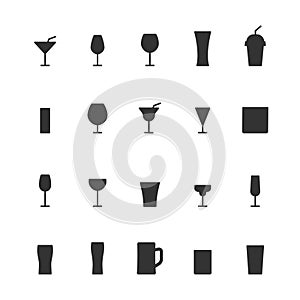 Glass icons set silhouettes. Drinks black symbol collection. Different cocktails beverages.