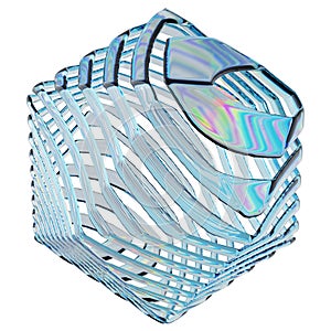 glass icosphere crystal figure made of iridescent glass spilling in waves, blue tint, refraction of light,polygon, isolated