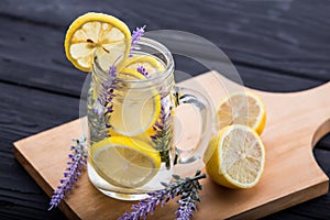 A glass infused water of lemon and lavender