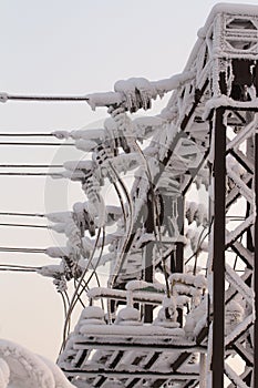 Glass insulator on the power line. Insulator of electrical high-voltage lines