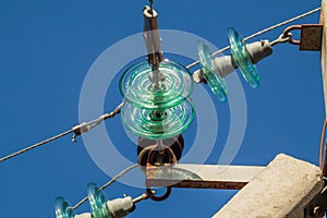 Glass insulators and wires of a high-voltage overhead power line