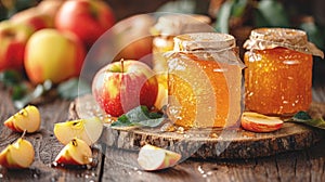 Glass jar with apple jam. Canning fruits, preserve, autumn harvest.