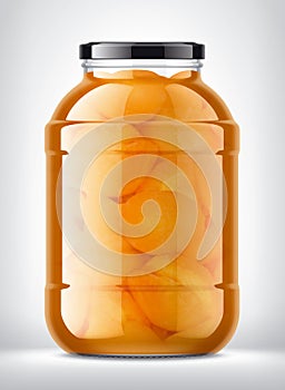 Glass Jar with Apricot Jam on Background.