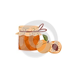 Glass jar with apricot jam, vector cartoon container with fruit juicy marmalade, natural conservation food dessert