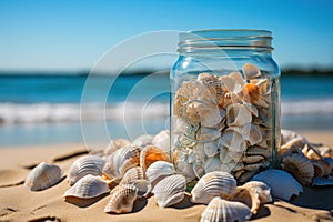 Glass jar with beautiful shells in the sand on the beach. Summer vacation, travel background. Generated by artificial