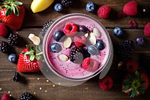 glass jar with berry smoothie cocktail. mix of berries on the wooden table background, Generative AI