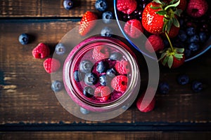 glass jar with berry smoothie cocktail. mix of berries on the wooden table background, Generative AI