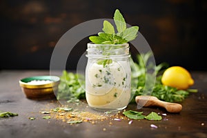 glass jar of caesar dressing with herb garnish