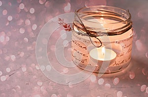 Glass Jar Candle Holder Decoupage Cut out Heart Shape Flickering Light Bokeh Glitter Copy Space Romantic Magic Atmosphere Valentin