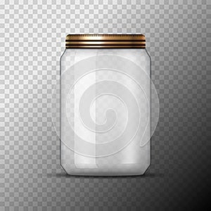 Glass Jar for canning and conservation. Vector empty jar design template with cover or lid on transparent