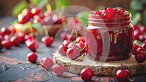 Glass jar with cherry jam. Fruit canning, preserve, autumn harvest.