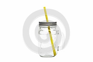 Glass jar for cocktails with clear water isolated on white background with copy space