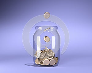 Glass jar with coins on blue background. Saving money