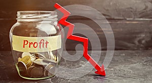 Glass jar with coins, down arrow and word Profit. Unsuccessful business and poverty. Profit decline. Loss of investment. Low wages