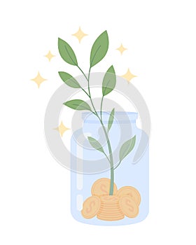 Glass jar with coins and sapling semi flat color vector object