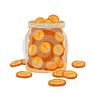 A glass jar completely filled with coins. Concept financial literacy, savings, bank deposits, tips, donation.