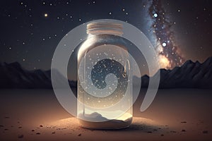 Glass jar in the desert with starry background