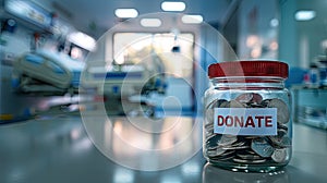 a glass jar with DONATE inscribed at the bottom, filled with coins on a table, set against the backdrop of a hospital