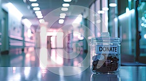 a glass jar with DONATE inscribed at the bottom, filled with coins on a table, set against the backdrop of a hospital