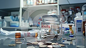 a glass jar with DONATE inscribed at the bottom, filled with coins on a table, set against the backdrop of a hospital