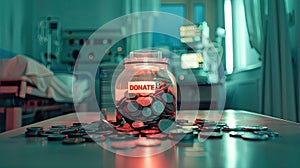 a glass jar with DONATE inscribed at the bottom, filled with coins on a table, set against the backdrop of a hospital