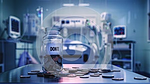 a glass jar with DONATE inscribed at the bottom, filled with coins on a table, set against the backdrop of a hospital