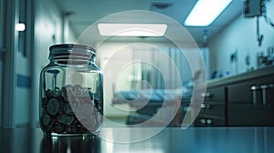 a glass jar with DONATE inscribed at the bottom, filled with coins on a table, set against the backdrop of a hospital