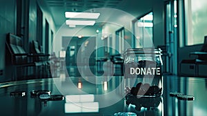 a glass jar with DONATE inscribed at the bottom, filled with coins on a table, set against the backdrop of a hospital