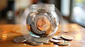 Glass jar filled with bitcoin cryptocurrency coins sitting on table, source global borderless 247 open photo
