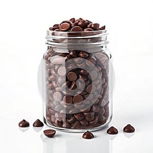 Glass jar filled with chocolate chips with scattered chips on a white background baking sweets